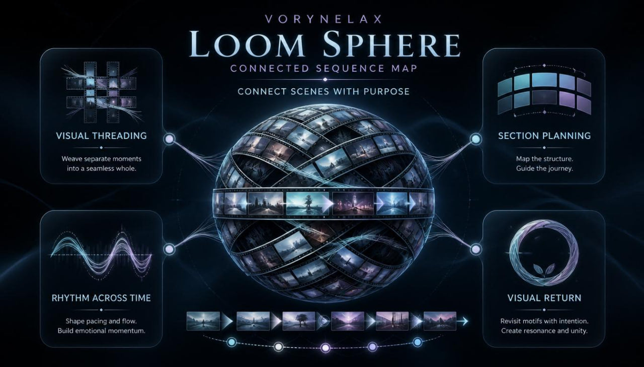 A dark promotional graphic for Vorynelax Loom Sphere, showing a glowing spherical sequence map in the center with four feature panels around it: visual threading, section planning, rhythm across time, and visual return. The text reads 'Vorynelax Loom Sphere Connected Sequence Map' and the design uses a futuristic blue, purple, and black palette.