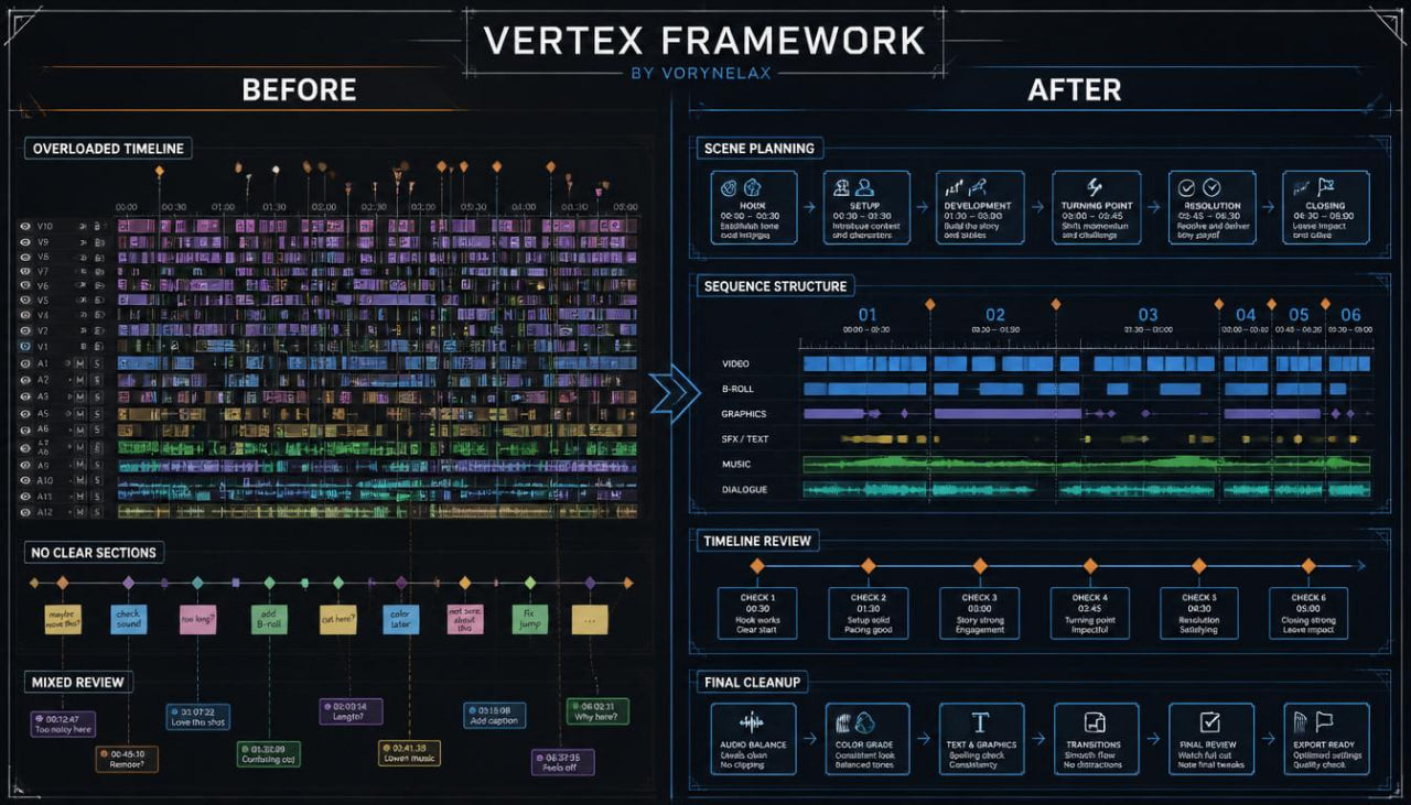 A digital infographic titled 'VERTEX FRAMEWORK' comparing a 'Before' state with an 'After' state, featuring dark blue and black backgrounds with various colorful timeline bars, icons, and workflow diagrams.