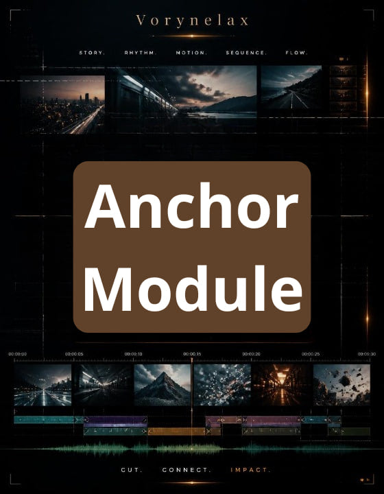 A digital cover graphic for a software module or digital asset pack titled 'Anchor Module' by Vorynelax. The design features a dark, high-tech aesthetic with a black background, a central brown rounded rectangle containing the white text 'Anchor Module', and several dark cinematic preview thumbnails arranged around the layout.