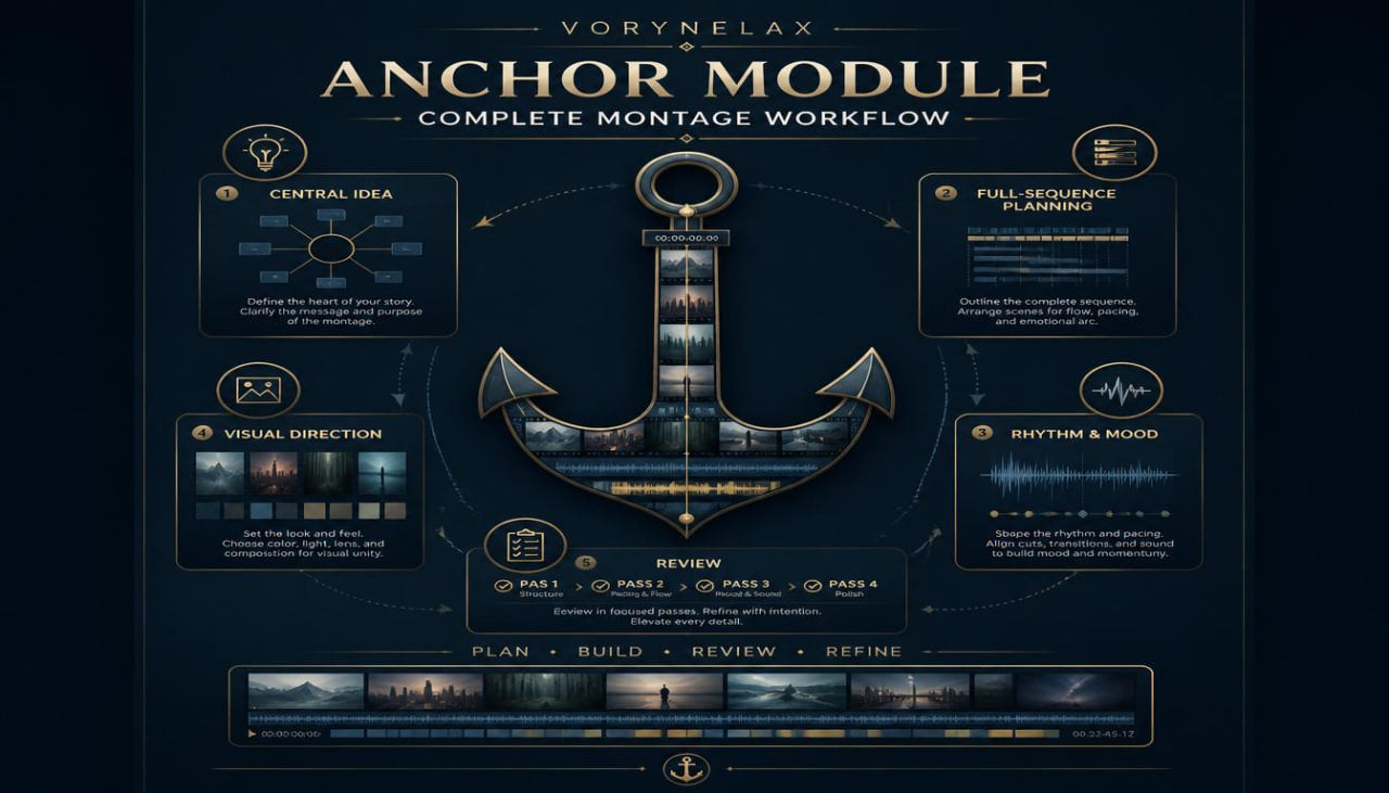A dark navy graphic titled 'VORYNELAX ANCHOR MODULE COMPLETE MONTAGE WORKFLOW' with an anchor illustration in the center and several labeled panels around it, including 'Central Idea,' 'Full Sequence Planning,' 'Visual Direction,' 'Rhythm & Mood,' 'Review,' and a timeline near the bottom.