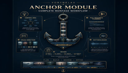 A dark navy graphic titled 'VORYNELAX ANCHOR MODULE COMPLETE MONTAGE WORKFLOW' with an anchor illustration in the center and several labeled panels around it, including 'Central Idea,' 'Full Sequence Planning,' 'Visual Direction,' 'Rhythm & Mood,' 'Review,' and a timeline near the bottom.