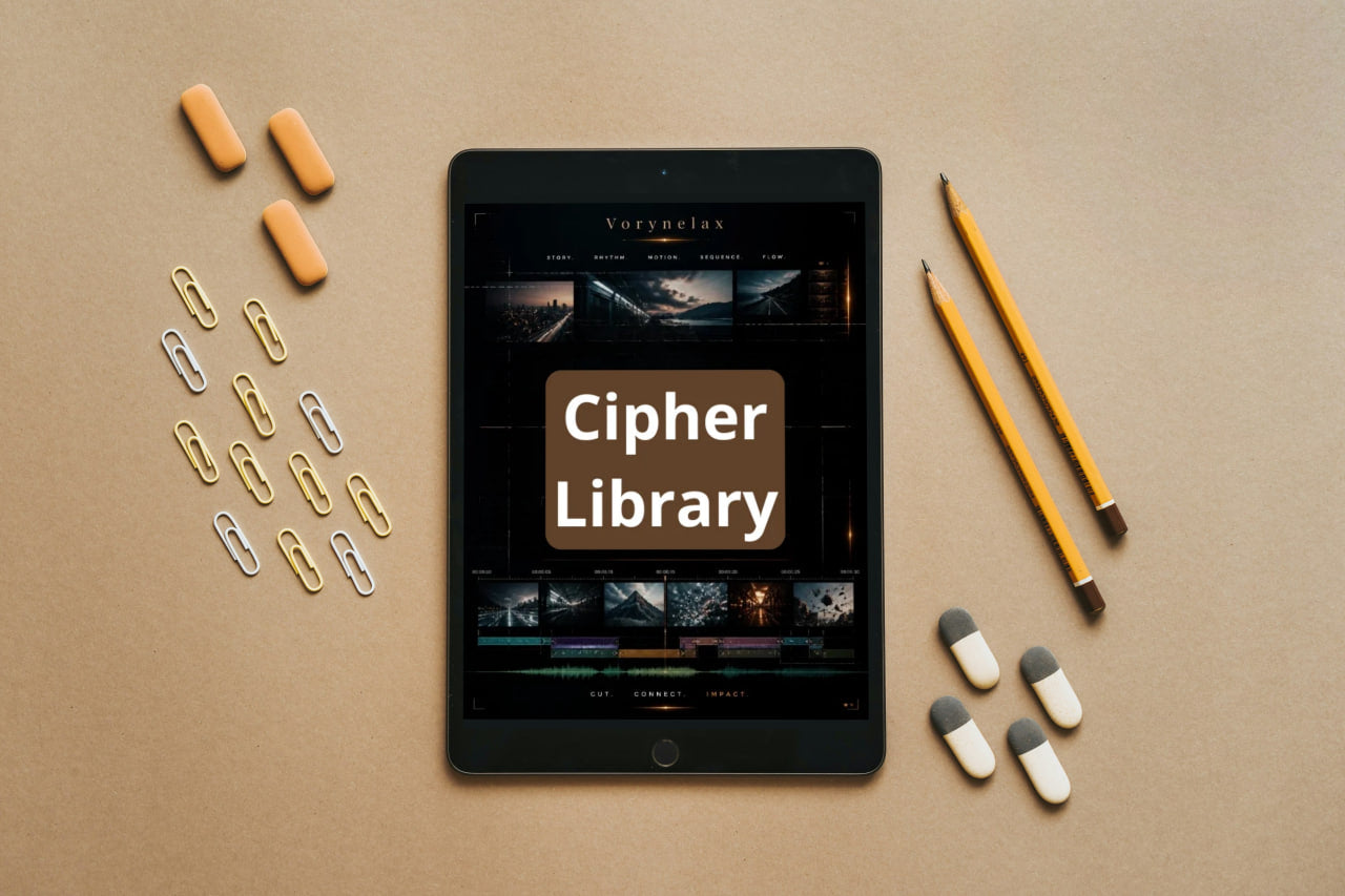 A tablet centered on a tan surface, displaying a website titled 'Cipher Library.' Yellow pencils, paper clips, and capsules are arranged around it in a styled flat-lay composition.