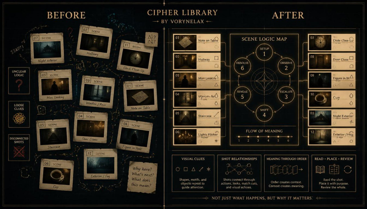 A dark-themed educational poster titled 'CIPHER LIBRARY BY VORYNELAX' showing a 'BEFORE' section with scattered vintage-style photo cards and an 'AFTER' section with a structured flowchart and logic map on a black background.