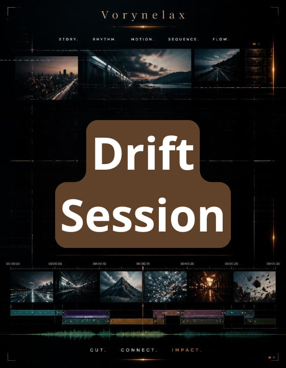 A dark promotional graphic for a digital product titled 'Drift Session' by Vorynelax. The design features a black background with a large brown rounded rectangle in the center containing the white text 'Drift Session'.