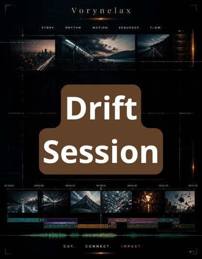 A dark promotional graphic for a digital product titled 'Drift Session' by Vorynelax. The design features a black background with a large brown rounded rectangle in the center containing the white text 'Drift Session'.