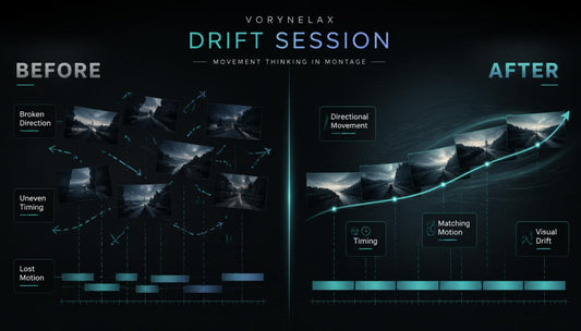 A dark promotional infographic titled 'VORYNELAX DRIFT SESSION' comparing a 'BEFORE' state with an 'AFTER' state. The left side shows a broken, uneven motion pattern with small dark video thumbnails and horizontal bars.