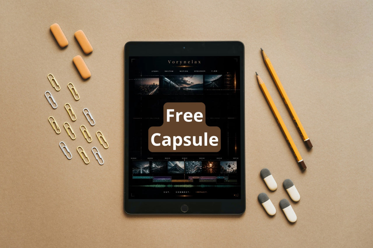 A tablet centered on a tan surface, displaying a website or app interface with the words 'Free Capsule.' Surrounding the tablet are several capsules, paper clips, pencils, and small pill bottles arranged as styled props.