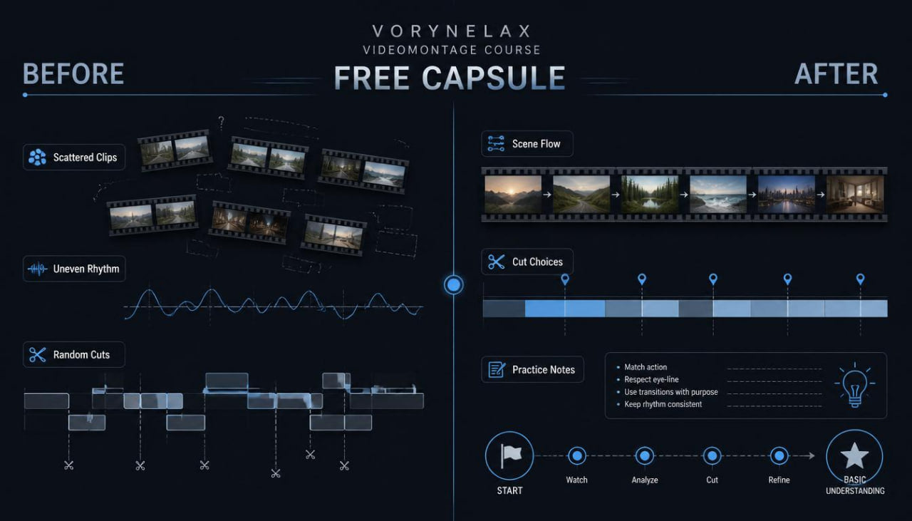 A dark promotional graphic for the Vorynelax Videomontage Course, showing a before-and-after workflow comparison with clips, scene flow, cut markers, and practice notes.