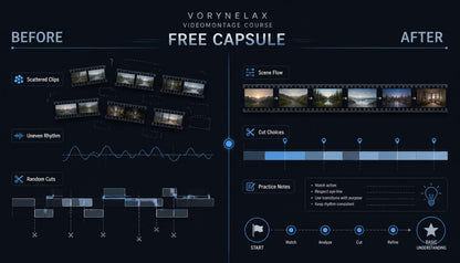 A dark promotional graphic for the Vorynelax Videomontage Course, showing a before-and-after workflow comparison with clips, scene flow, cut markers, and practice notes.