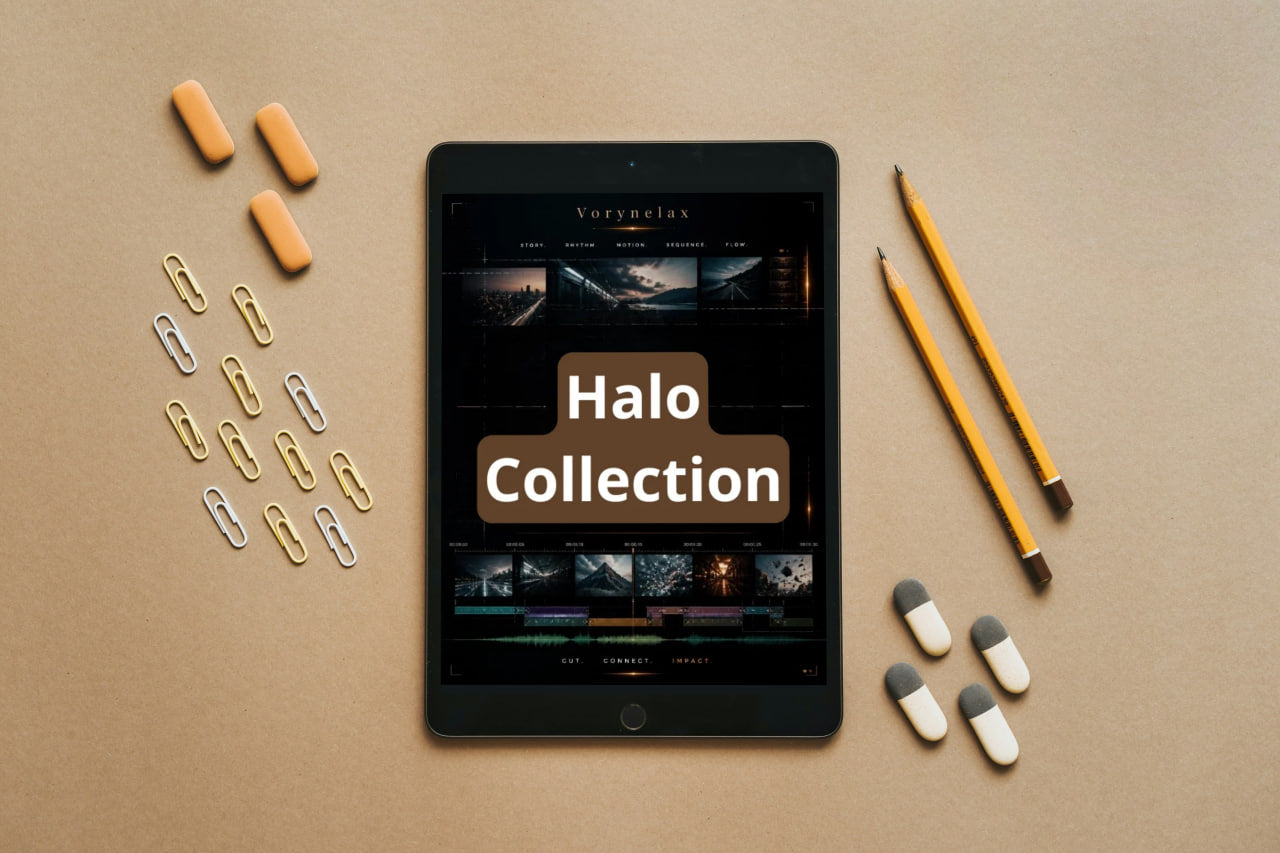 A tablet centered on a tan surface, surrounded by orange capsules, paper clips, yellow pencils, and white-and-gray capsules. The tablet screen shows a dark interface with the text 'Halo Collection' prominently displayed.