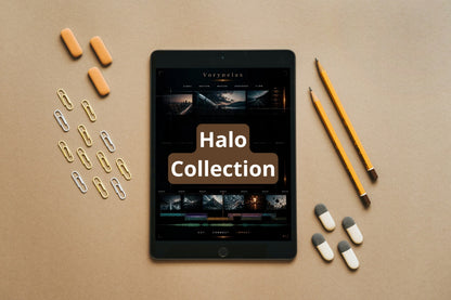 A tablet centered on a tan surface, surrounded by orange capsules, paper clips, yellow pencils, and white-and-gray capsules. The tablet screen shows a dark interface with the text 'Halo Collection' prominently displayed.