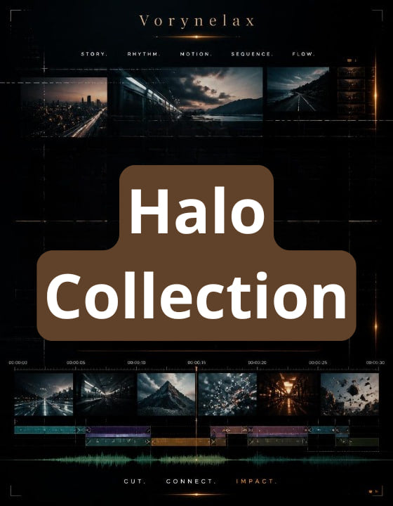 Promotional graphic for a digital design asset pack titled 'Halo Collection' by Vorynelax. The design features a dark, futuristic interface with multiple cinematic preview panels showcasing sci-fi scenes like starry night skies, futuristic cityscapes, and space landscapes.