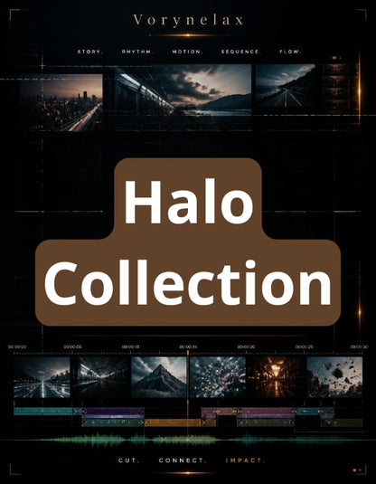 Promotional graphic for a digital design asset pack titled 'Halo Collection' by Vorynelax. The design features a dark, futuristic interface with multiple cinematic preview panels showcasing sci-fi scenes like starry night skies, futuristic cityscapes, and space landscapes.