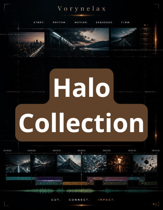 Promotional graphic for a digital design asset pack titled 'Halo Collection' by Vorynelax. The design features a dark, futuristic interface with multiple cinematic preview panels showcasing sci-fi scenes like starry night skies, futuristic cityscapes, and space landscapes.