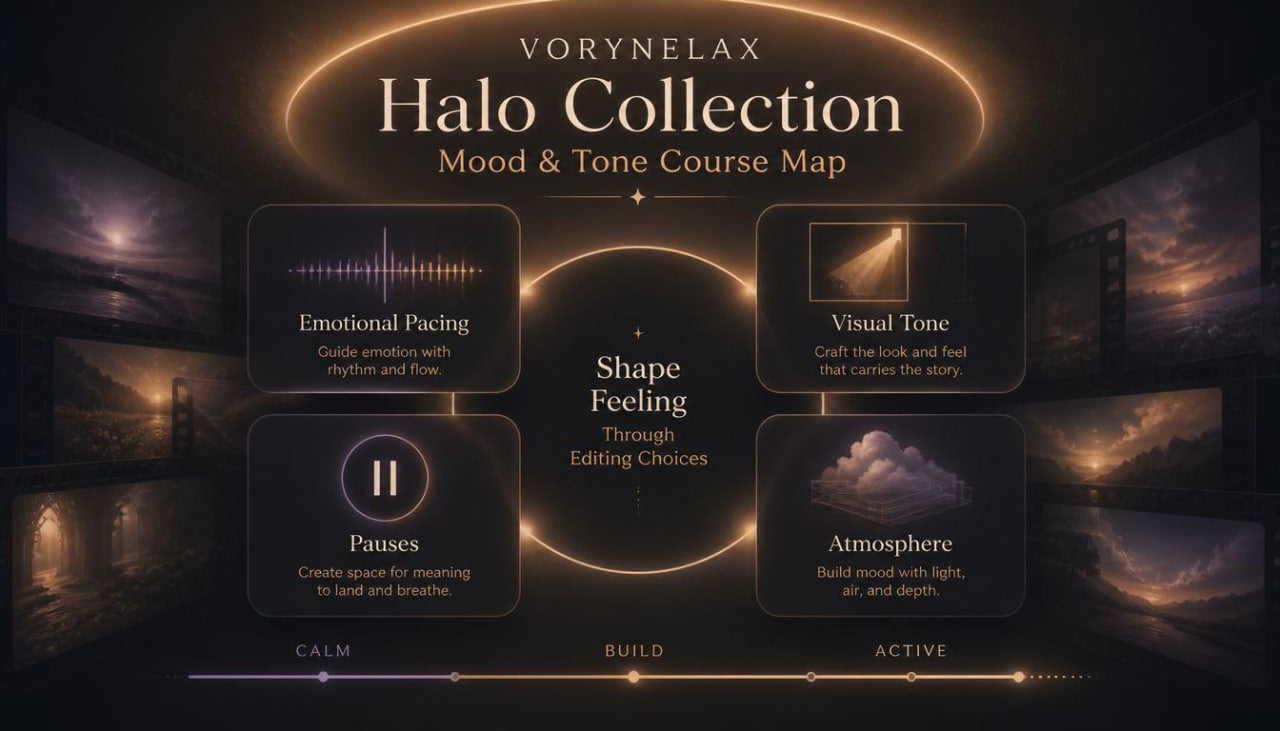 A digital graphic titled 'Vorynelax Halo Collection Mood & Tone Course Map' on a dark background with glowing gold text and five labeled panels: Emotional Pacing, Visual Tone, Shape Feeling, Pauses, and Atmosphere.