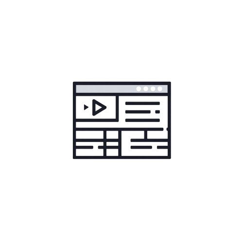 A minimalist vector icon depicting a webpage or video player layout, rendered in dark gray outlines with a light gray header bar on a solid white background.