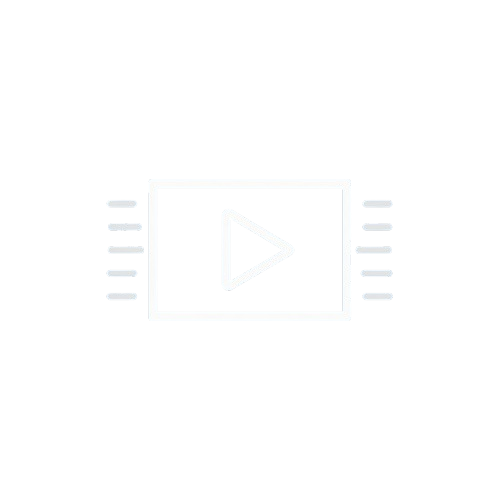 A minimalist white icon depicting a play button inside a film reel frame, flanked by horizontal bars on both sides, set against a solid white background.
