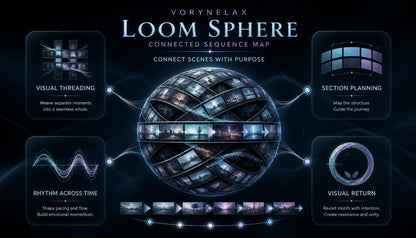 A dark promotional graphic for Vorynelax Loom Sphere, showing a glowing spherical sequence map in the center with four feature panels around it: visual threading, section planning, rhythm across time, and visual return. The text reads 'Vorynelax Loom Sphere Connected Sequence Map' and the design uses a futuristic blue, purple, and black palette.