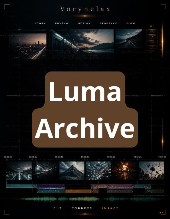 A dark promotional graphic for 'Luma Archive' by Vorynelax, featuring a large brown rounded rectangle with white text in the center, surrounded by cinematic dark-toned video thumbnails and subtle grid lines.
