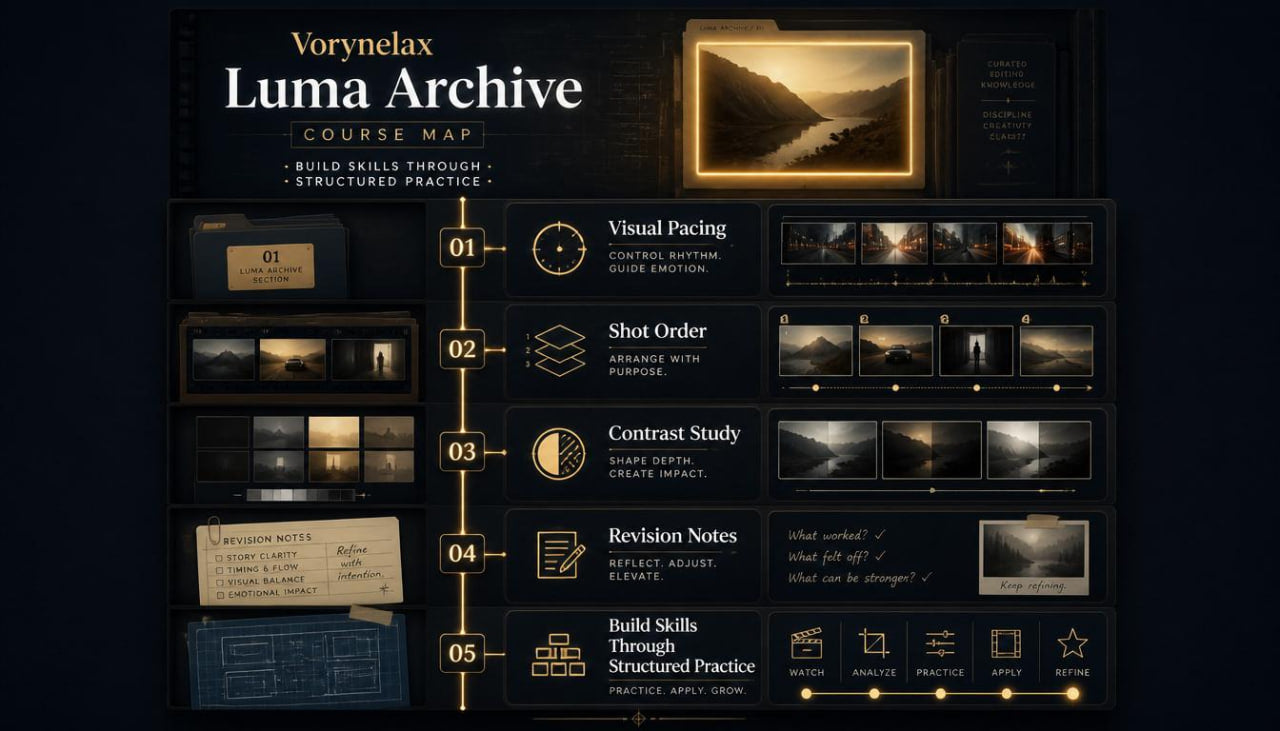 A dark-themed course map graphic titled 'Vorynelax Luma Archive Course Map' with multiple panels showing cinematic landscape imagery, notes, timeline steps, and structured practice sections on a black background.
