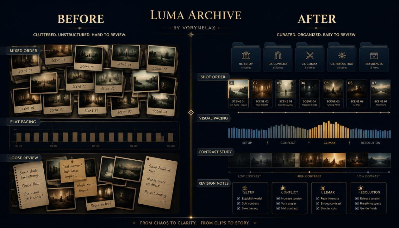 A dark-themed infographic titled 'Luma Archive' comparing a cluttered 'Before' workflow with an organized 'After' workflow. The left side shows unstructured photo frames, notes, and rough sketches under the heading 'Before'.