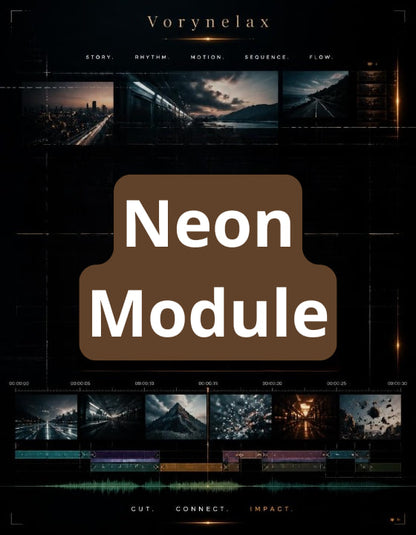 A promotional graphic for a digital software module titled 'Neon Module' by Vorynelax. The design features a dark, futuristic interface with glowing neon accents, dark landscape video thumbnails, and a large central brown badge with white text reading 'Neon Module'.