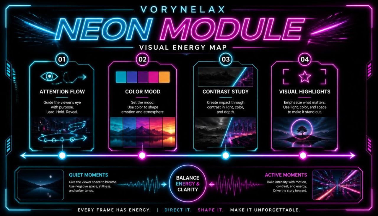 A neon-themed graphic titled 'VORYNELAX NEON MODULE' with four labeled panels ('Attention Flow', 'Color Mood', 'Contrast Study', 'Visual Highlights') and additional glowing UI-style elements on a dark background.