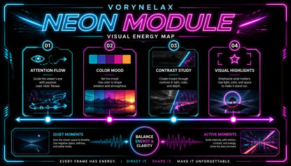 A neon-themed graphic titled 'VORYNELAX NEON MODULE' with four labeled panels ('Attention Flow', 'Color Mood', 'Contrast Study', 'Visual Highlights') and additional glowing UI-style elements on a dark background.