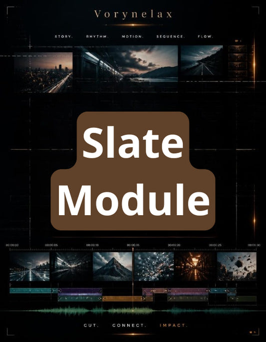 A digital cover graphic for a software module or preset pack titled 'Slate Module' by Vorynelax. The design features a dark slate-black background with a central brown rounded rectangle containing the text 'Slate Module' in white.
