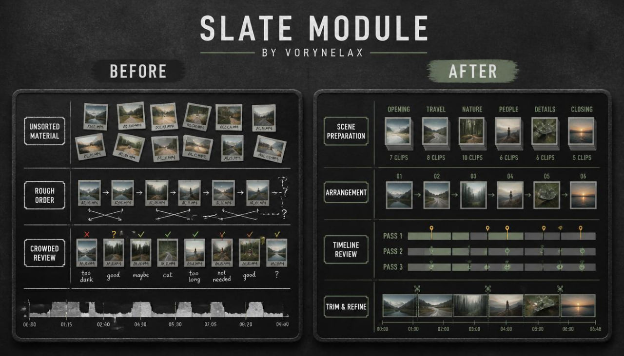 A digital graphic titled 'SLATE MODULE' by Vorynelax, showing a before-and-after workflow comparison for editing or design modules. The left side, labeled 'BEFORE', displays a rough cut list and crowd review timeline with many small landscape thumbnails.