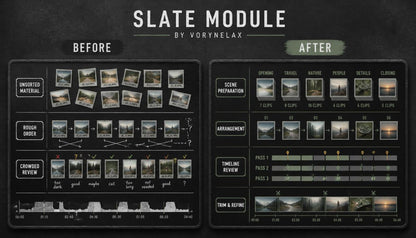 A digital graphic titled 'SLATE MODULE' by Vorynelax, showing a before-and-after workflow comparison for editing or design modules. The left side, labeled 'BEFORE', displays a rough cut list and crowd review timeline with many small landscape thumbnails.