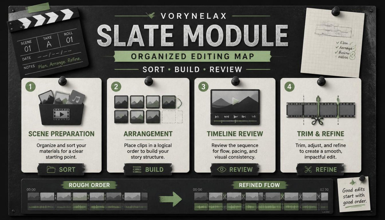 A digital graphic titled 'Vorynelax Slate Module Organized Editing Map' showing a stylized dark chalkboard background with four editing workflow panels labeled Scene Preparation, Arrangement, Timeline Review, and Trim & Refine, plus editing icons and a rough order timeline.
