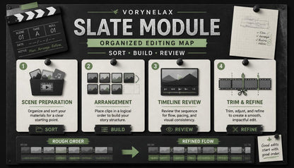 A digital graphic titled 'Vorynelax Slate Module Organized Editing Map' showing a stylized dark chalkboard background with four editing workflow panels labeled Scene Preparation, Arrangement, Timeline Review, and Trim & Refine, plus editing icons and a rough order timeline.