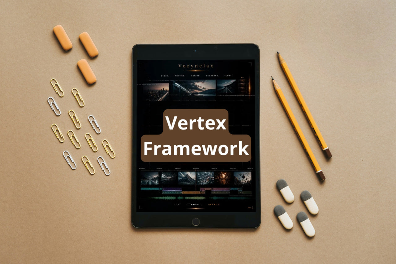 A tablet centered on a tan surface, surrounded by orange capsules, paper clips, yellow pencils, and white-and-gray capsules. The tablet screen shows the text 'Vertex Framework'.