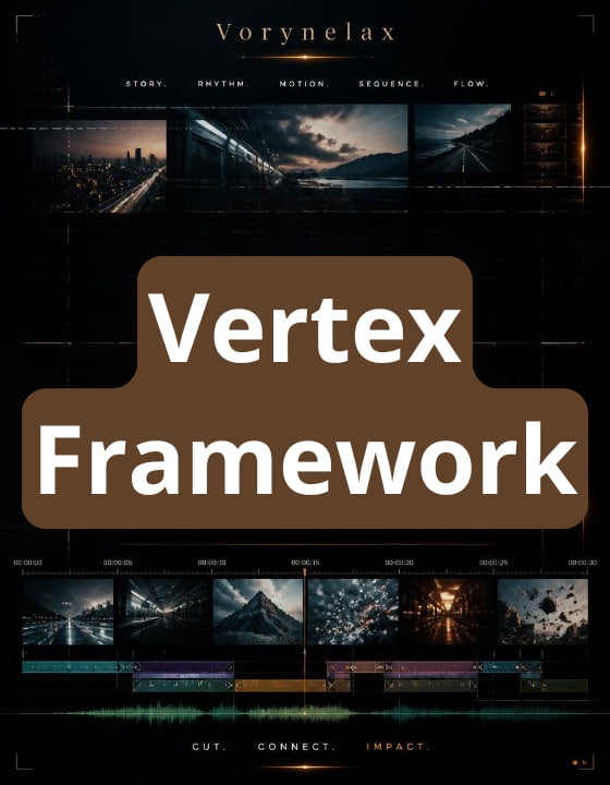 A dark promotional graphic for Vorynelaxel's Vertex Framework, featuring a large brown rounded rectangle with white text reading 'Vertex Framework' over a black background with cinematic video thumbnails and the words 'CUT. CONNECT.