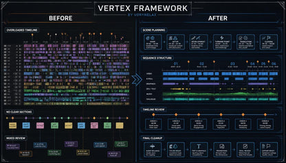 A digital infographic titled 'VERTEX FRAMEWORK' comparing a 'Before' state with an 'After' state, featuring dark blue and black backgrounds with various colorful timeline bars, icons, and workflow diagrams.