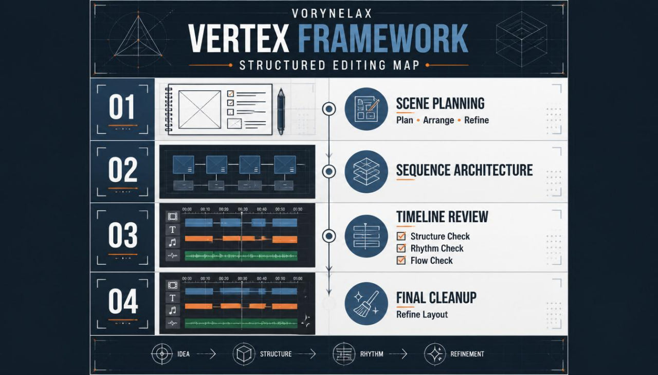 A digital infographic titled 'VORYNELAX VERTEX FRAMEWORK STRUCTURED EDITING MAP' on a dark navy background. It outlines four numbered stages (01-04) with icons and labels for scene planning, sequence architecture, timeline review, and final cleanup, using a clean, modern UI design aesthetic.